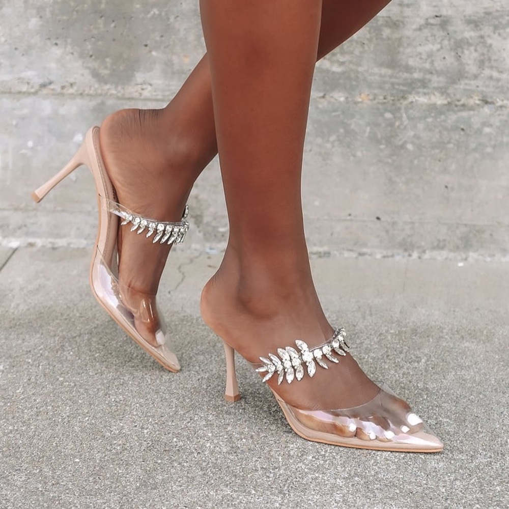 Lulus Micaela Light Nude Clear Rhinestone Pointed-Toe Mule Pumps